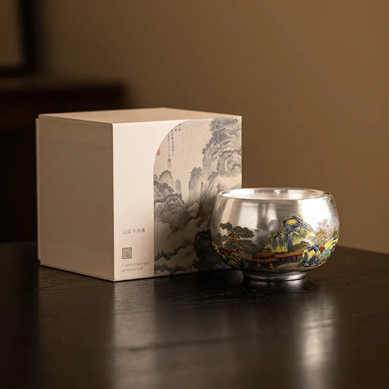 Silver Lined Lotus KungFu Tea Cup with HandPainted Dragon Landscape