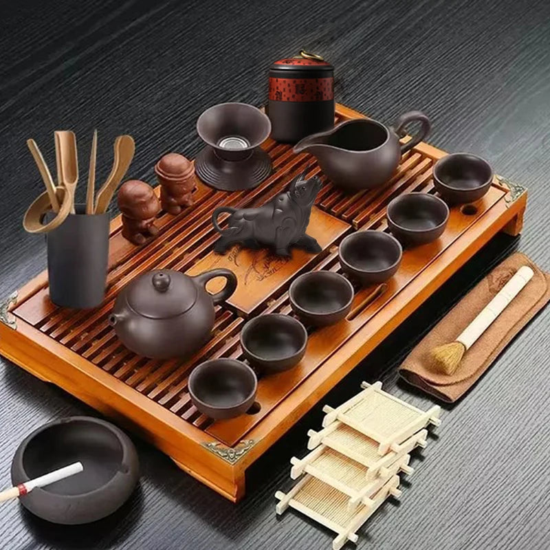 Yixing Ceramic KungFu Tea Set with Tea Tray and Teapot