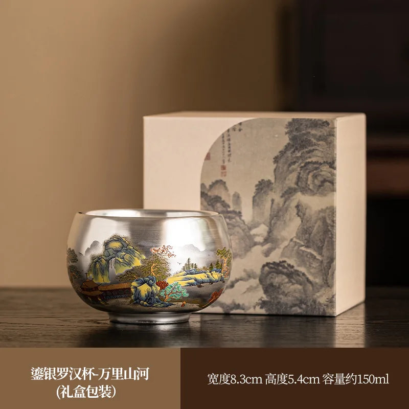 Silver Lined Lotus KungFu Tea Cup with HandPainted Dragon Landscape