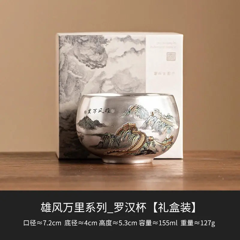 Silver Lined Lotus KungFu Tea Cup with HandPainted Dragon Landscape