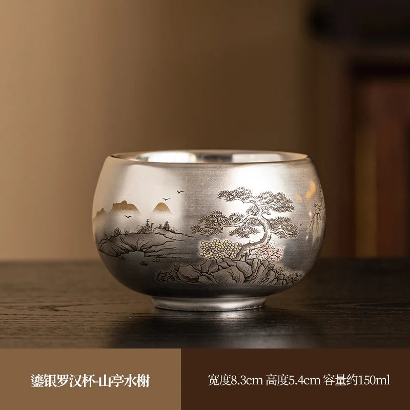 Silver Lined Lotus KungFu Tea Cup with HandPainted Dragon Landscape