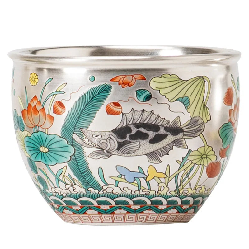 Silver Lined Lotus KungFu Tea Cup with HandPainted Dragon Landscape
