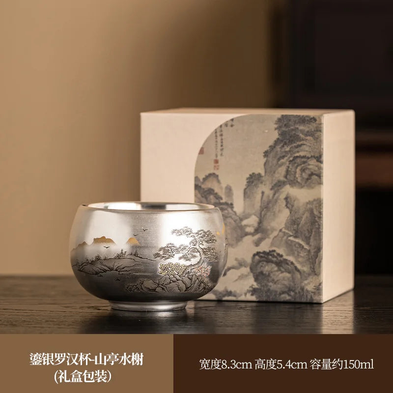 Silver Lined Lotus KungFu Tea Cup with HandPainted Dragon Landscape