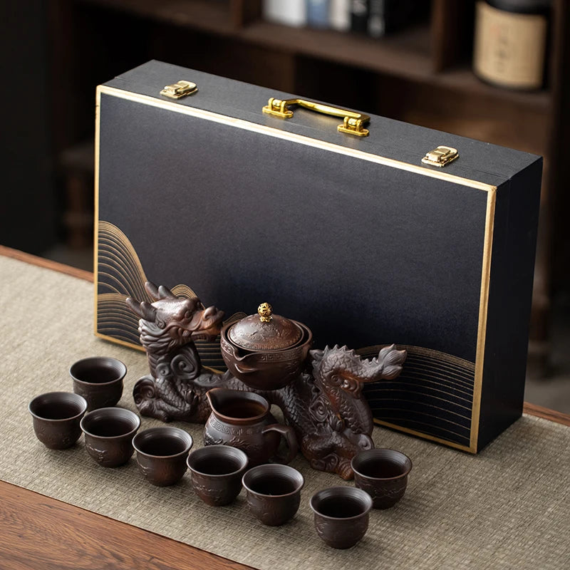 Asian Dragon Tea Set with Semi-Automatic Dragon Teapot