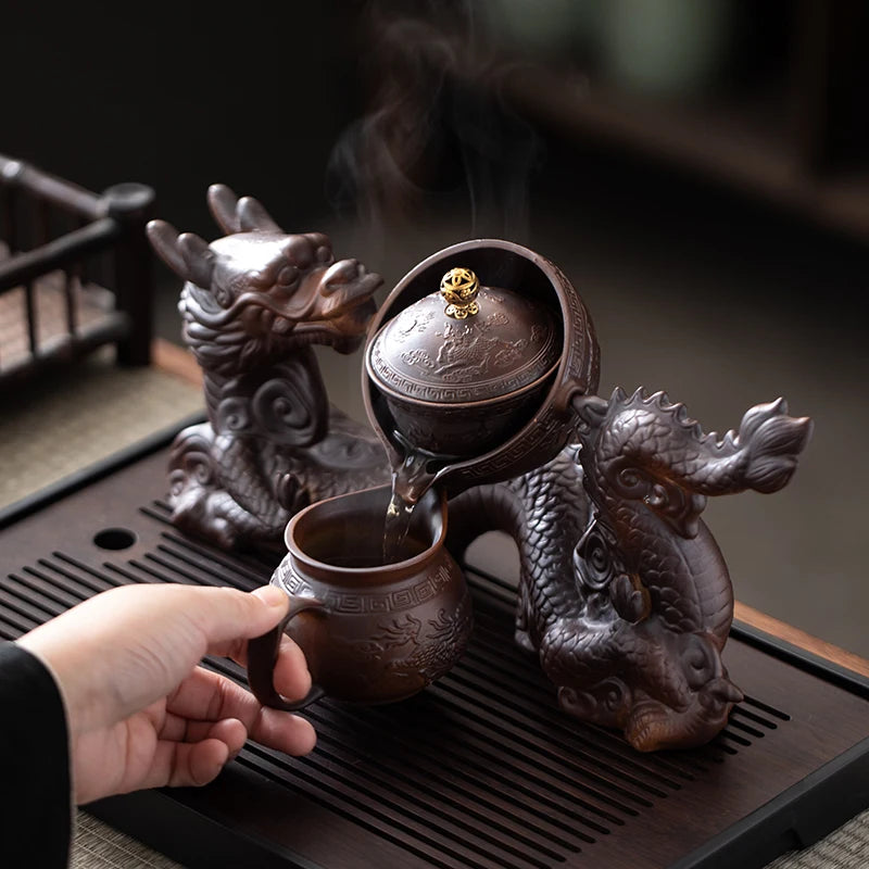 Asian Dragon Tea Set with Semi-Automatic Dragon Teapot