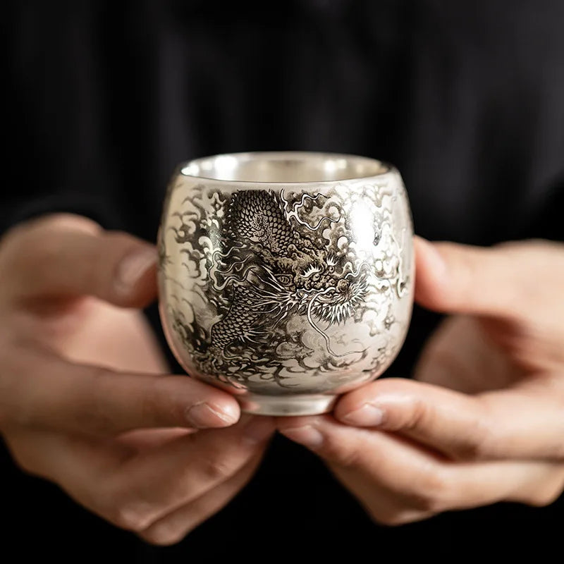 Silver Lined Lotus KungFu Tea Cup with HandPainted Dragon Landscape
