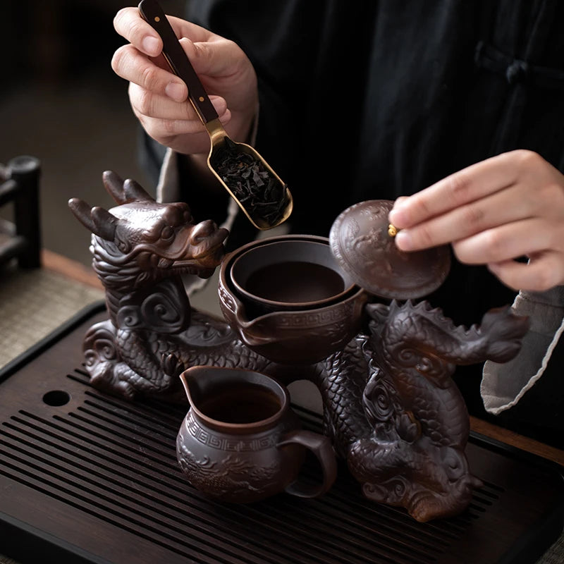 Asian Dragon Tea Set with Semi-Automatic Dragon Teapot