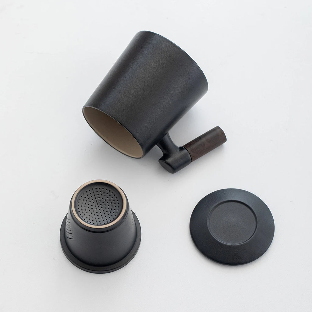 Ceramic Tea Cups Mugs with Lids Set- Filtered Tea Separation System