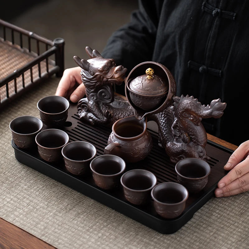 Asian Dragon Tea Set with Semi-Automatic Dragon Teapot