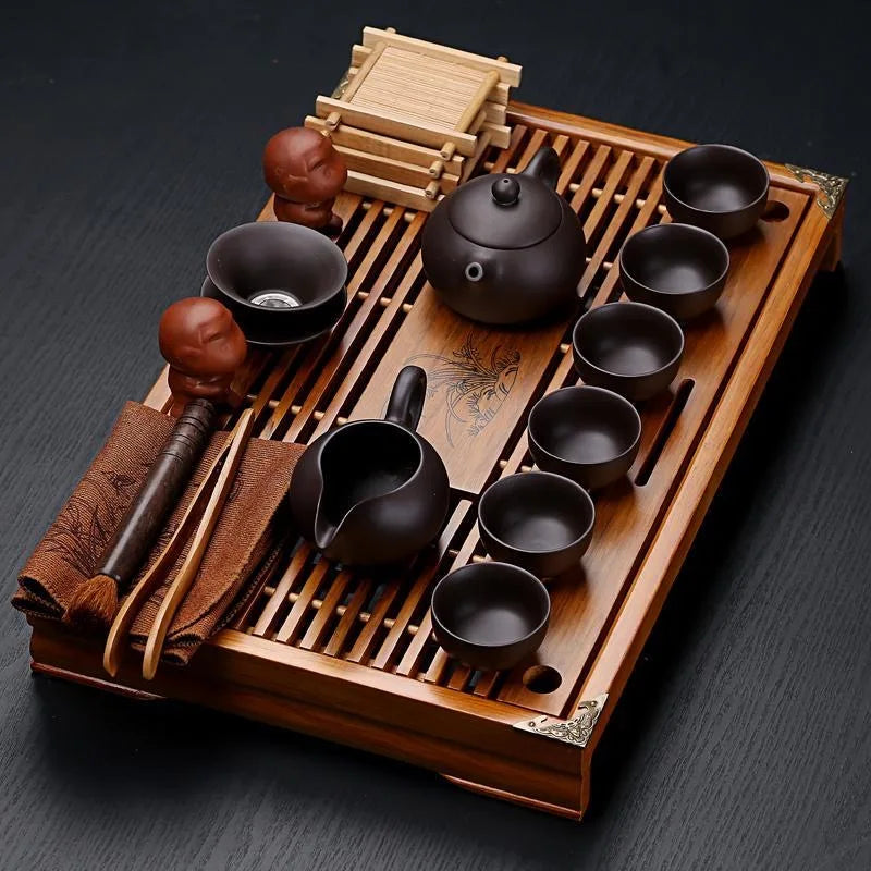 Yixing Ceramic KungFu Tea Set with Tea Tray and Teapot