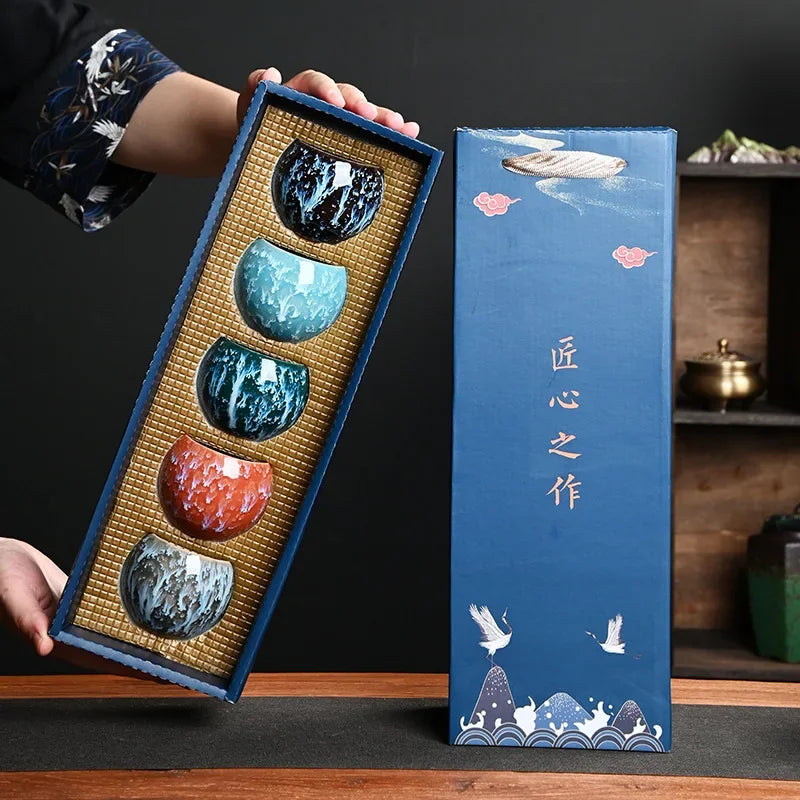 The Celestial Glaze - Artisan Kiln-Change Tea Cup Gift Set