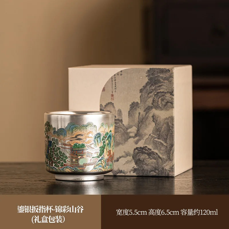 Silver Lined Lotus KungFu Tea Cup with HandPainted Dragon Landscape