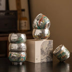 Silver Lined Lotus KungFu Tea Cup with HandPainted Dragon Landscape