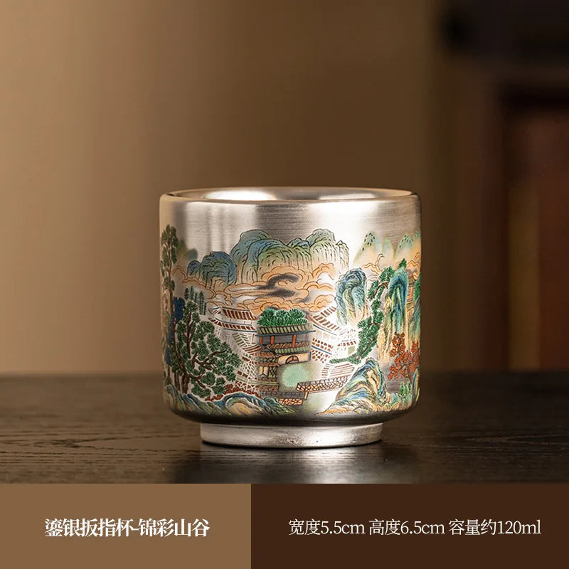 Silver Lined Lotus KungFu Tea Cup with HandPainted Dragon Landscape