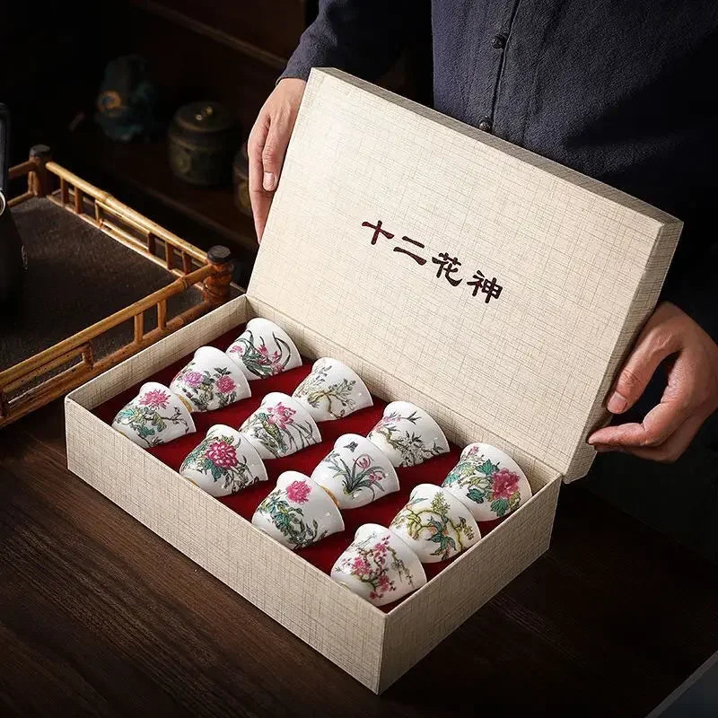 Twelve Flower Gods Enamel Pastel Ceramics KungFu TeaCup Giftbox Set