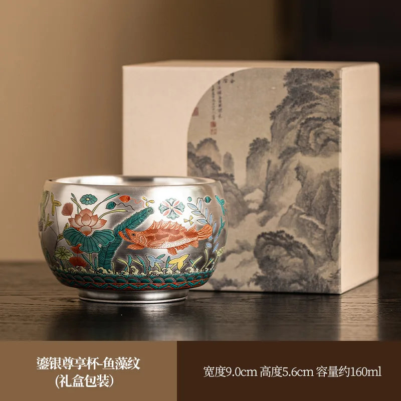 Silver Lined Lotus KungFu Tea Cup with HandPainted Dragon Landscape