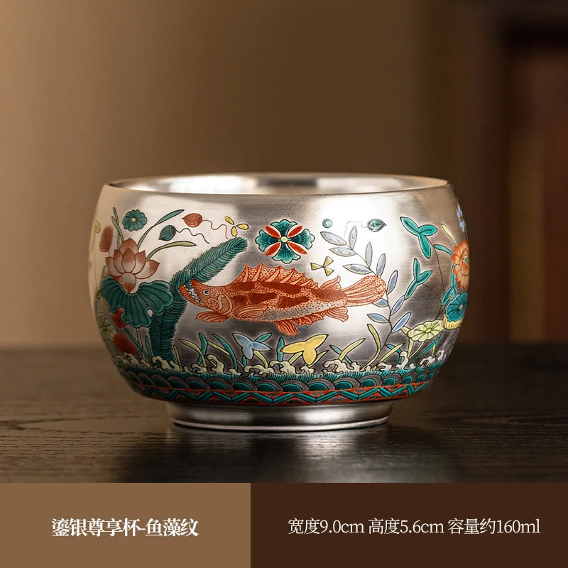 Silver Lined Lotus KungFu Tea Cup with HandPainted Dragon Landscape