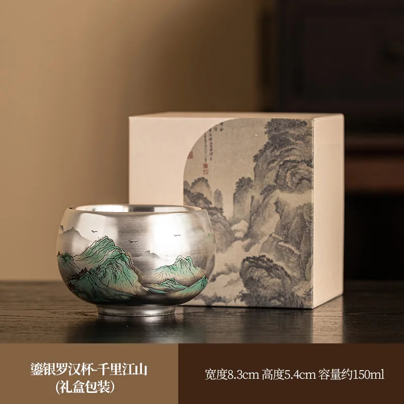 Silver Lined Lotus KungFu Tea Cup with HandPainted Dragon Landscape