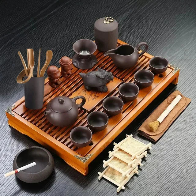 Yixing Ceramic KungFu Tea Set with Tea Tray and Teapot