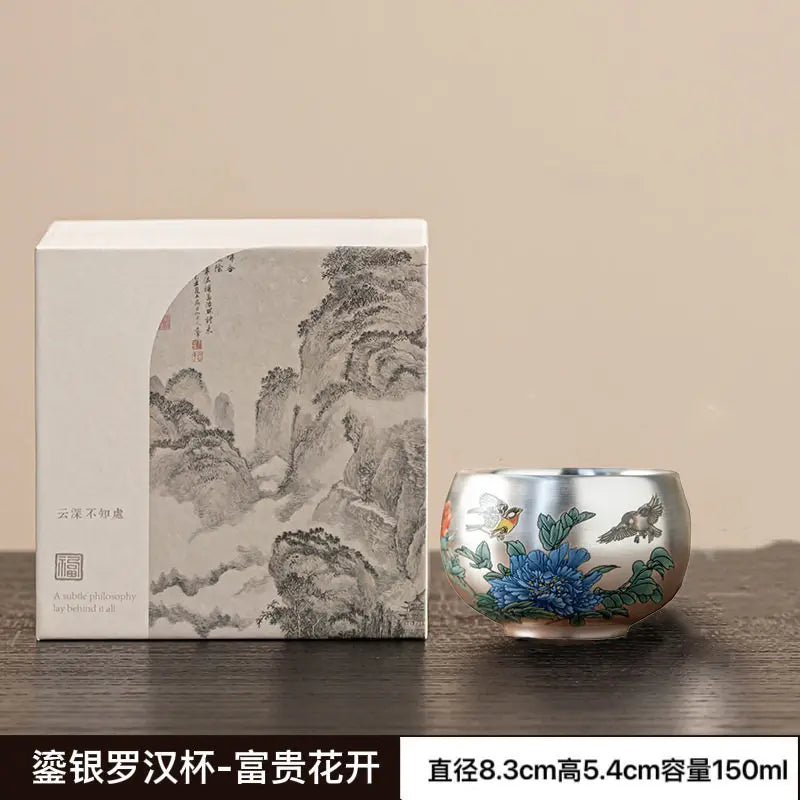 Silver Lined Lotus KungFu Tea Cup with HandPainted Dragon Landscape