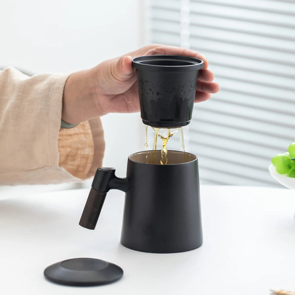 Ceramic Tea Cups Mugs with Lids Set- Filtered Tea Separation System