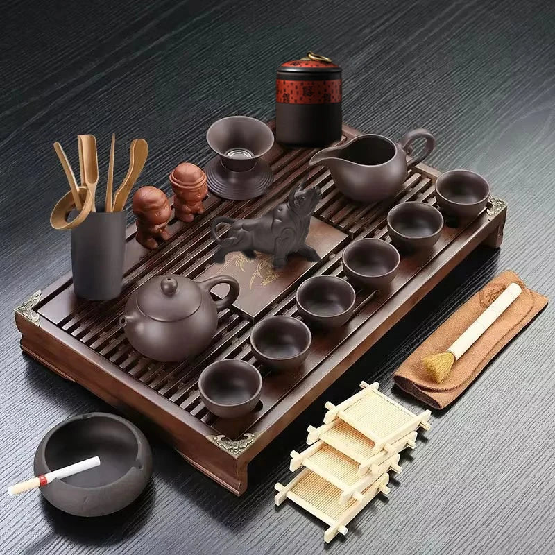 Yixing Ceramic KungFu Tea Set with Tea Tray and Teapot