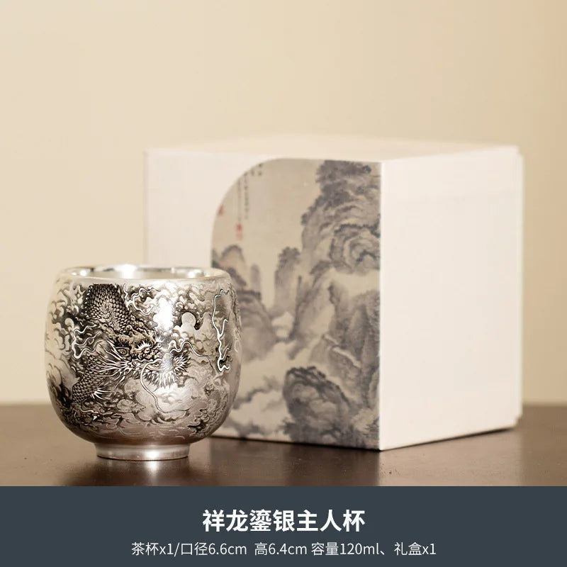 Silver Lined Lotus KungFu Tea Cup with HandPainted Dragon Landscape