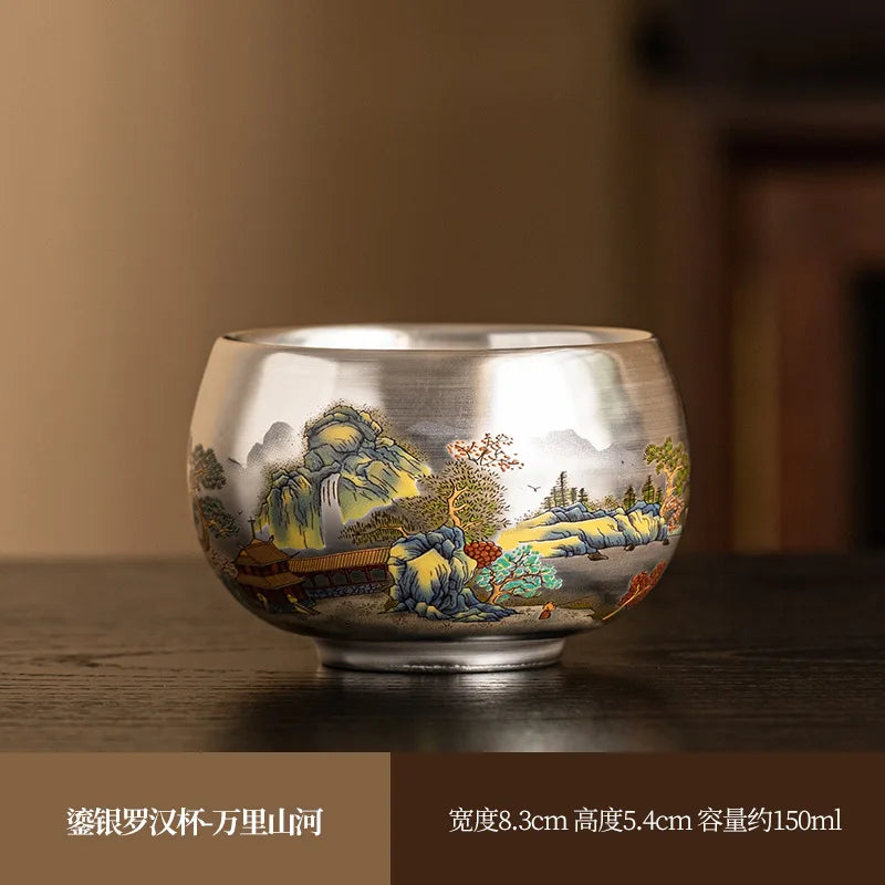 Silver Lined Lotus KungFu Tea Cup with HandPainted Dragon Landscape
