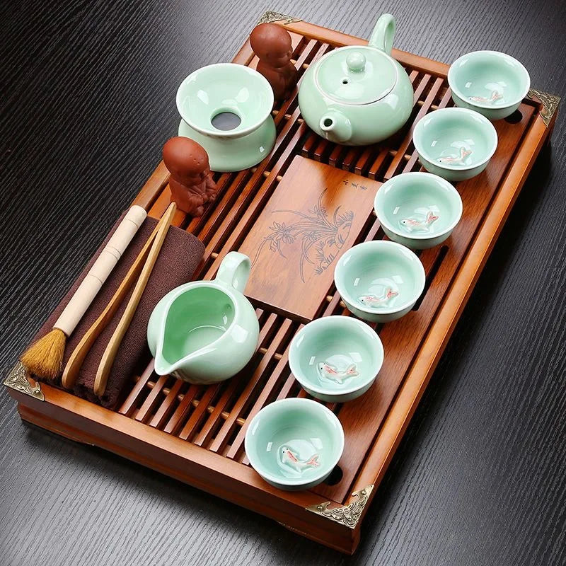Yixing Ceramic KungFu Tea Set with Tea Tray and Teapot