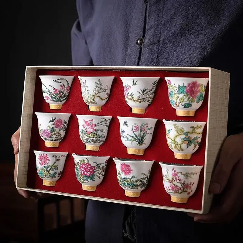 Twelve Flower Gods Enamel Pastel Ceramics KungFu TeaCup Giftbox Set