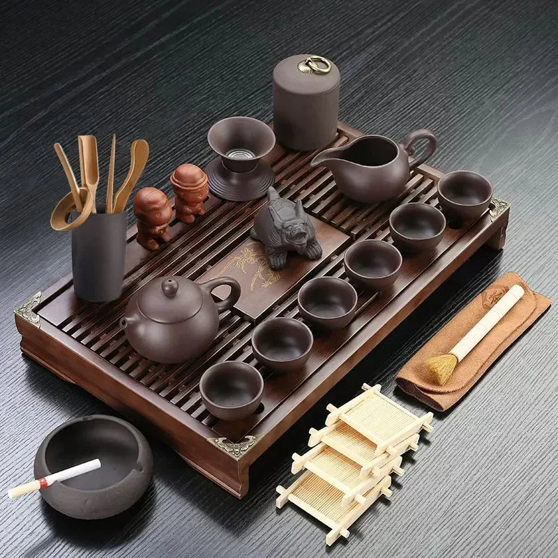 Yixing Ceramic KungFu Tea Set with Tea Tray and Teapot