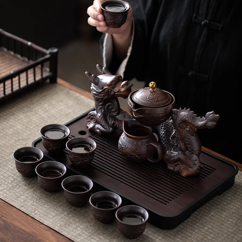 Asian Dragon Tea Set with Semi-Automatic Dragon Teapot